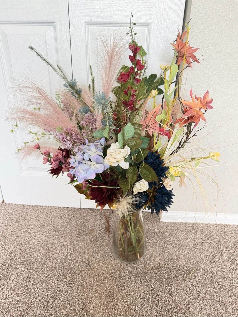 Hand Crafted Mixed Faux Floral Bouquet in Pink, Blue, Burgundy & Cream
